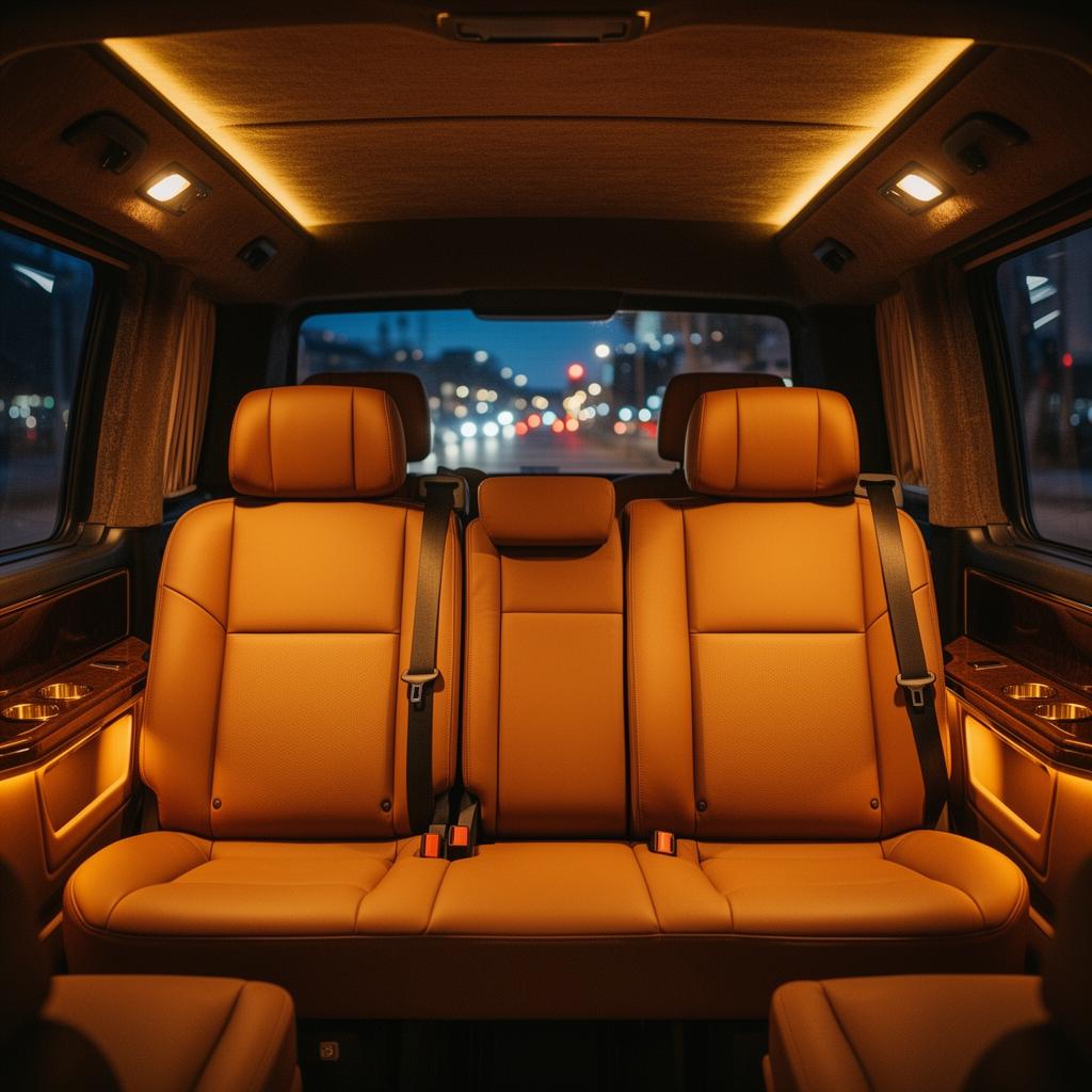 Warm amber-lit interior of a TransMedic van at dusk, tan leather seating with city lights through the rear window