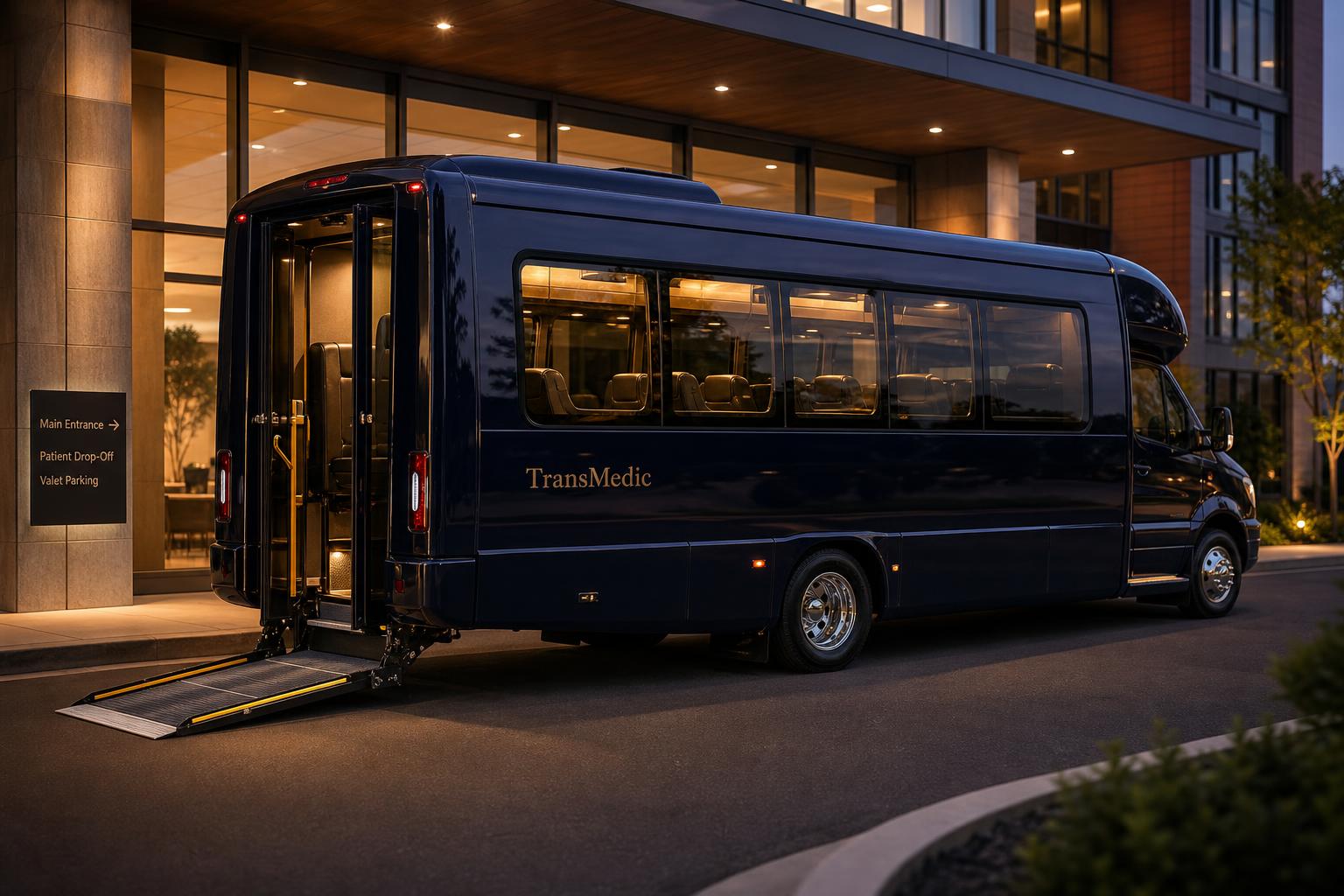 Navy TransMedic accessible shuttle bus parked at a hotel entrance at dusk with the wheelchair ramp deployed