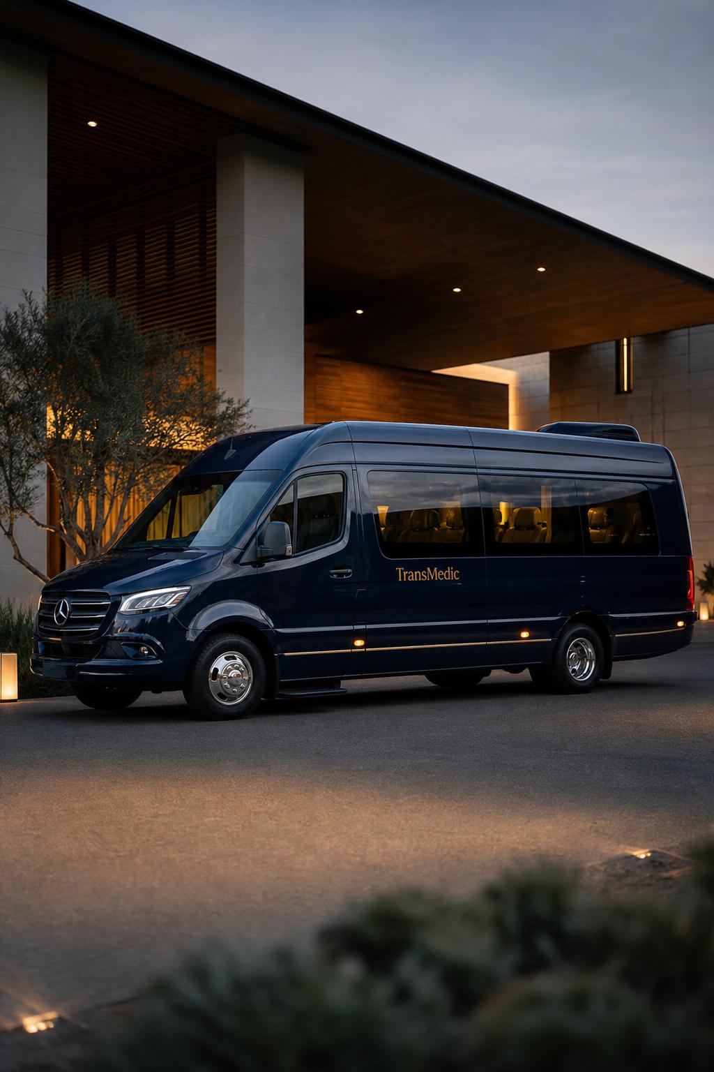 TransMedic luxury navy medical transport van parked at a modern building at dusk