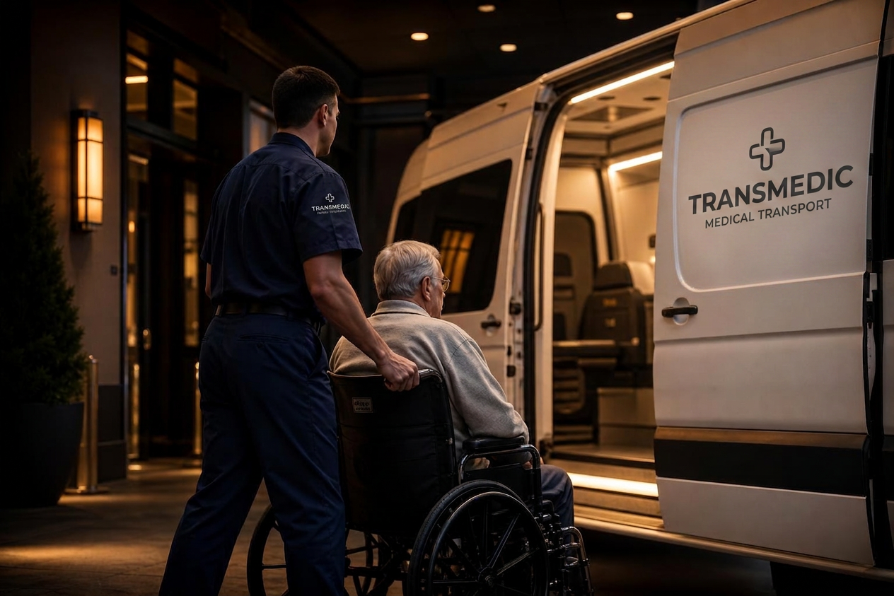 A TransMedic companion in navy uniform warmly assisting an elderly woman at the van door