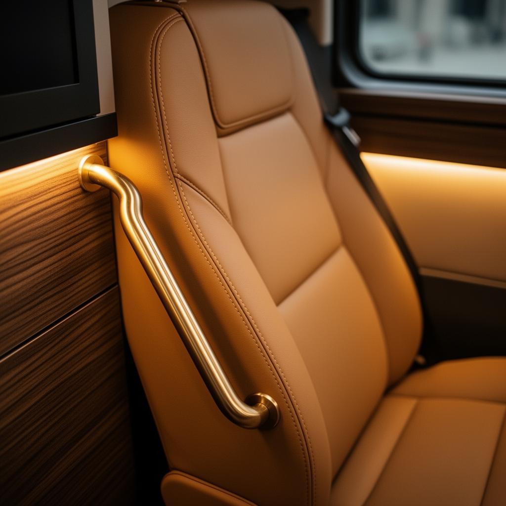 Tan leather interior of a TransMedic transport vehicle with brushed brass handle