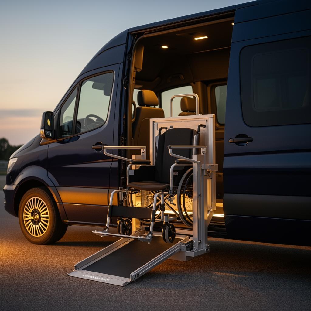 Hydraulic wheelchair lift deployed from the side door of a navy TransMedic van